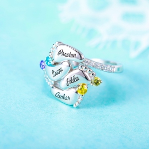 Engraved Baby Feet Ring with Birthstone