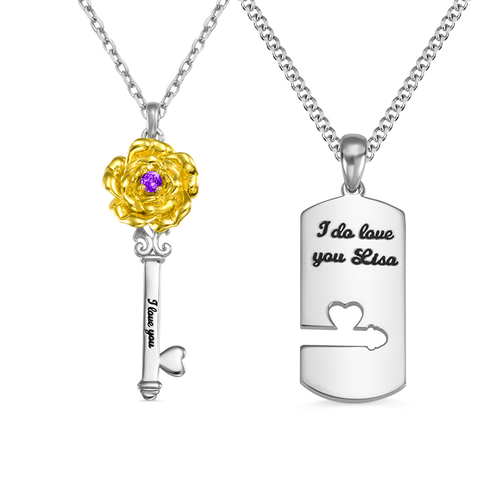 Colar personalizado de casal com chave rosa - presentes de dia dos namorados