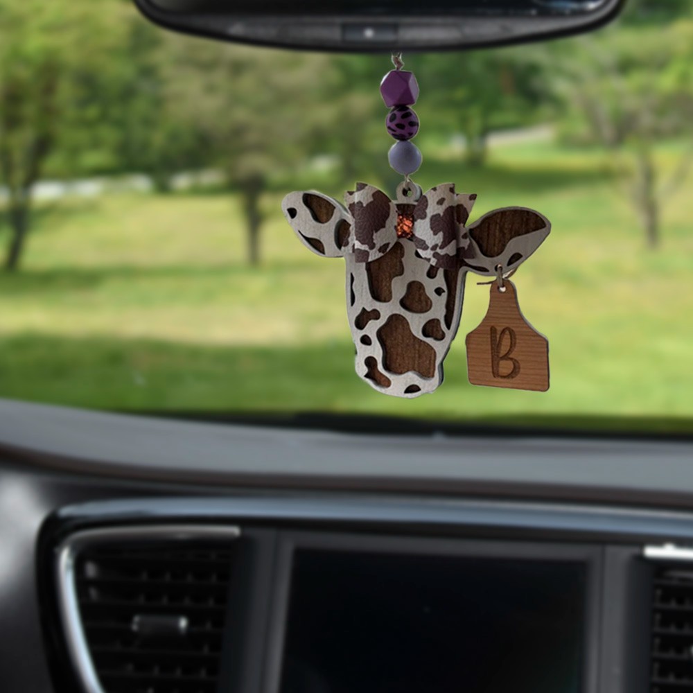Custom Highland Cattle Print Car Charm with Bow, Custom Cow Charm for