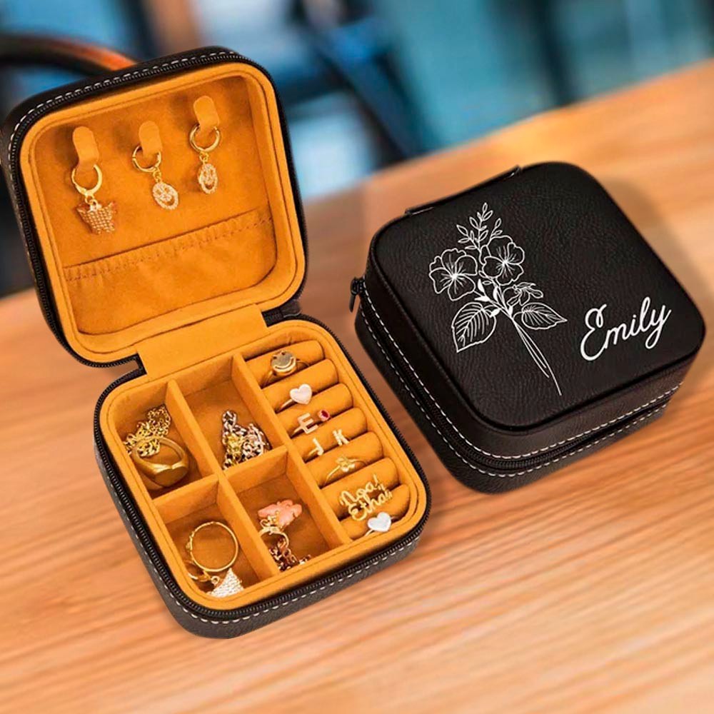 Birth Flower Jewelry Travel Case, Personalized Birthday Gift, Custom Leather Jewelry Box, Gifts