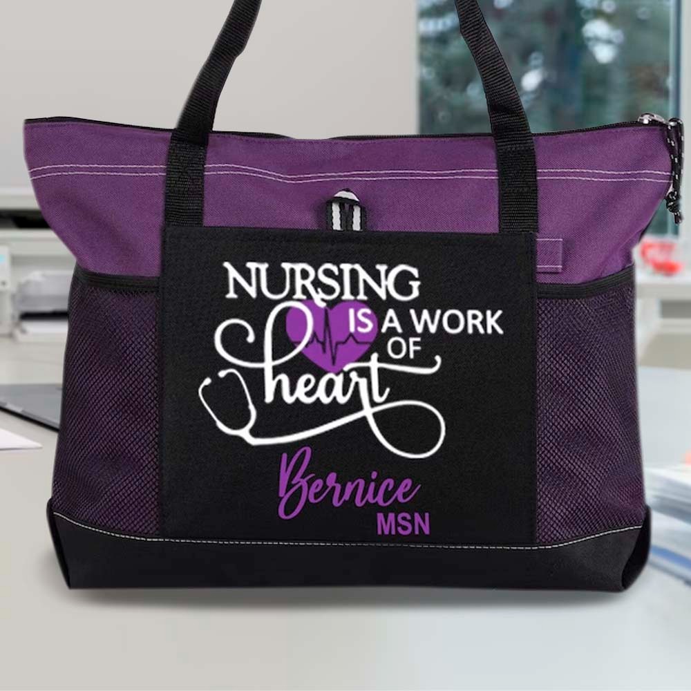 thumbnail image 2 of Personalized Nursing Tote Bag - RN, CNA, LPN, MD, BSN - Medical EKG Design With Embroidery 2 of 6