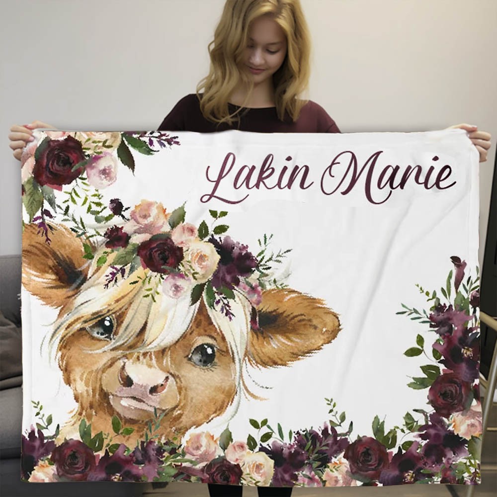 Personalized Cow Baby Blanket Greenery,Cow Print Fleece