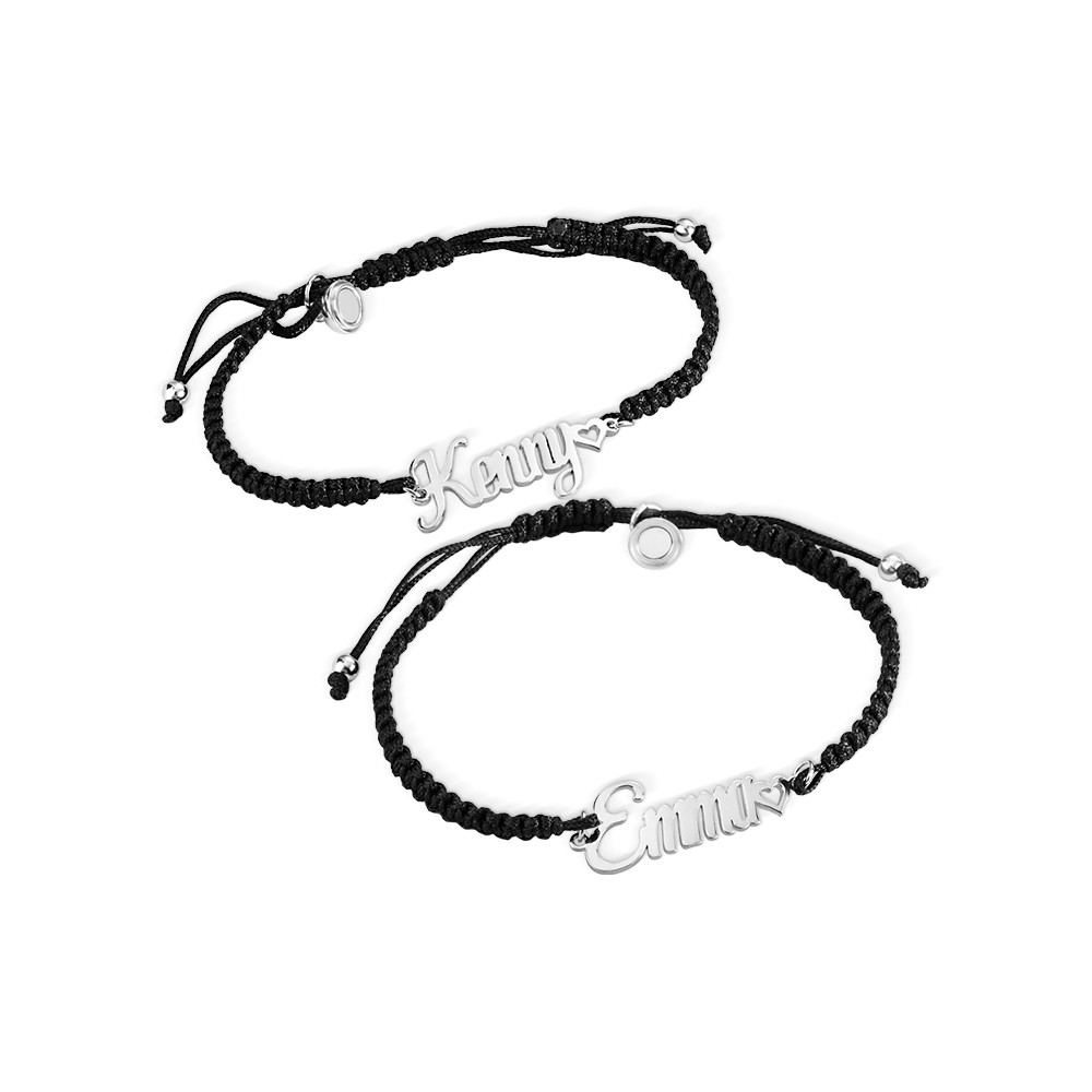 Bracelets assortis tressés personnalisés, ensemble de 2, bracelets de promesse de nom personnalisés, bracelets réglables, bracelets de relation d'attraction pour les couples
