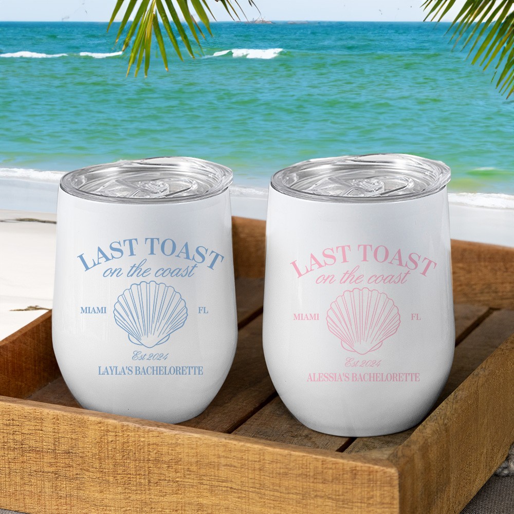 Personalized Last Toast On The Coast Bachelorette Club Wine Tumblers, Custom Beach Bridesmaid Wine Glass