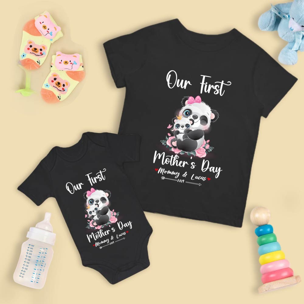 Onze eerste Moederdag moeder en baby set/bijpassend shirt, mama en baby cadeau, Mama baby panda's, T-shirt bodysuit romper babygrow vest set, nieuwe moeder cadeau, Moederdag cadeau