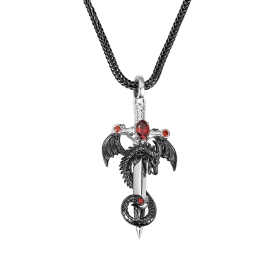 Custom Wing Dragon Wrapped Sword Necklace with Birthstone Cross Pendant, Gothic Jewellery, Gift for Rock Punk Lovers