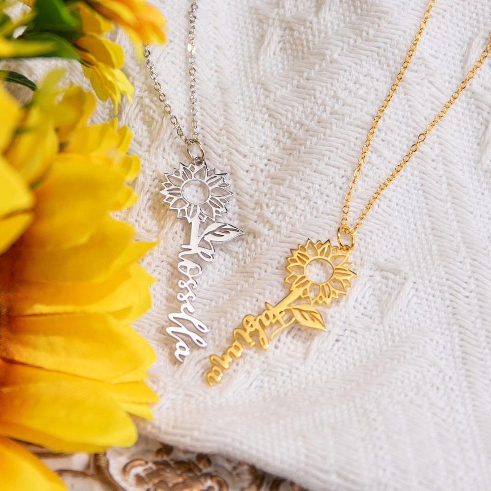 Collana con nome personalizzato girasole, collana con nome squisita, gioielli floreali, regalo di compleanno/festa della mamma per le donne