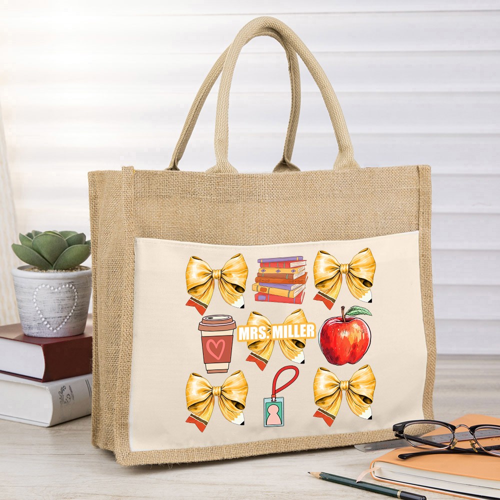 Sac en jute personnalisé pour professeur de crayons à nœud rose