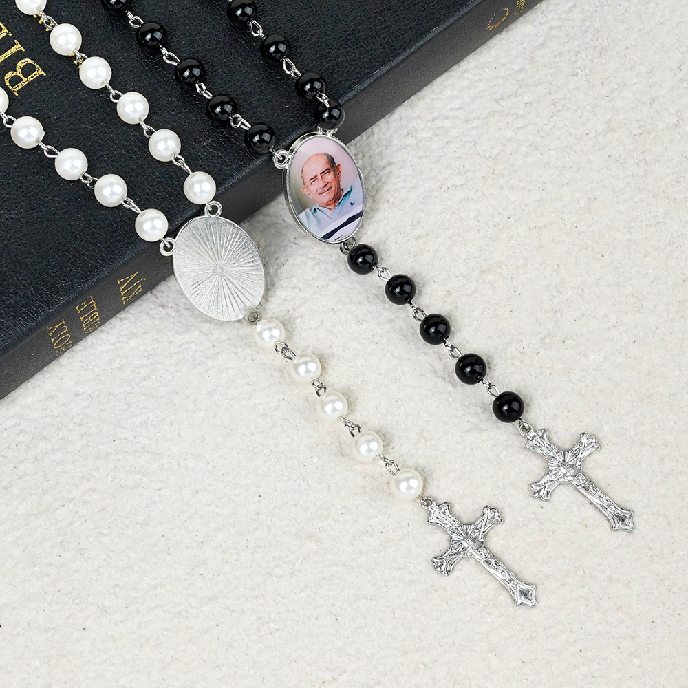 Personalized Multicolor Photo Rosary Beads Cross Necklace, Christening Religious Necklace, Memorial Remembrance Bereavement, Loss Gift for Women