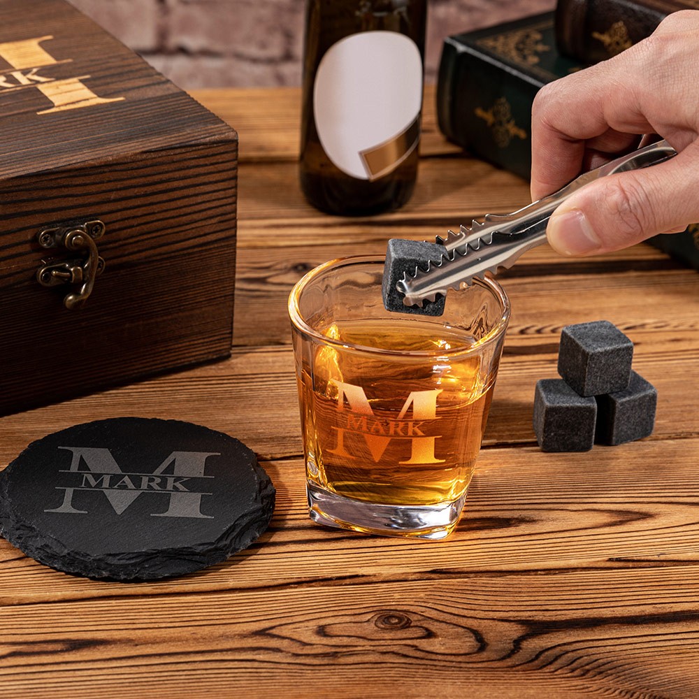 Personalized Engraved Monogram Whiskey Glass Set with Whiskey Stones and Wood Box, Alcohol Gift, Birthday Wedding Gift for Dad/Groomsmen/Whiskey Lover