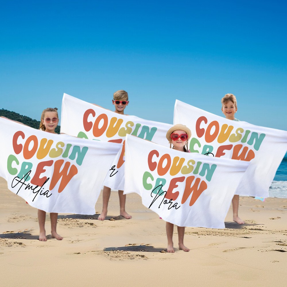 Personalized Name Cousin Crew Beach Towel, Perfect for Family Outings