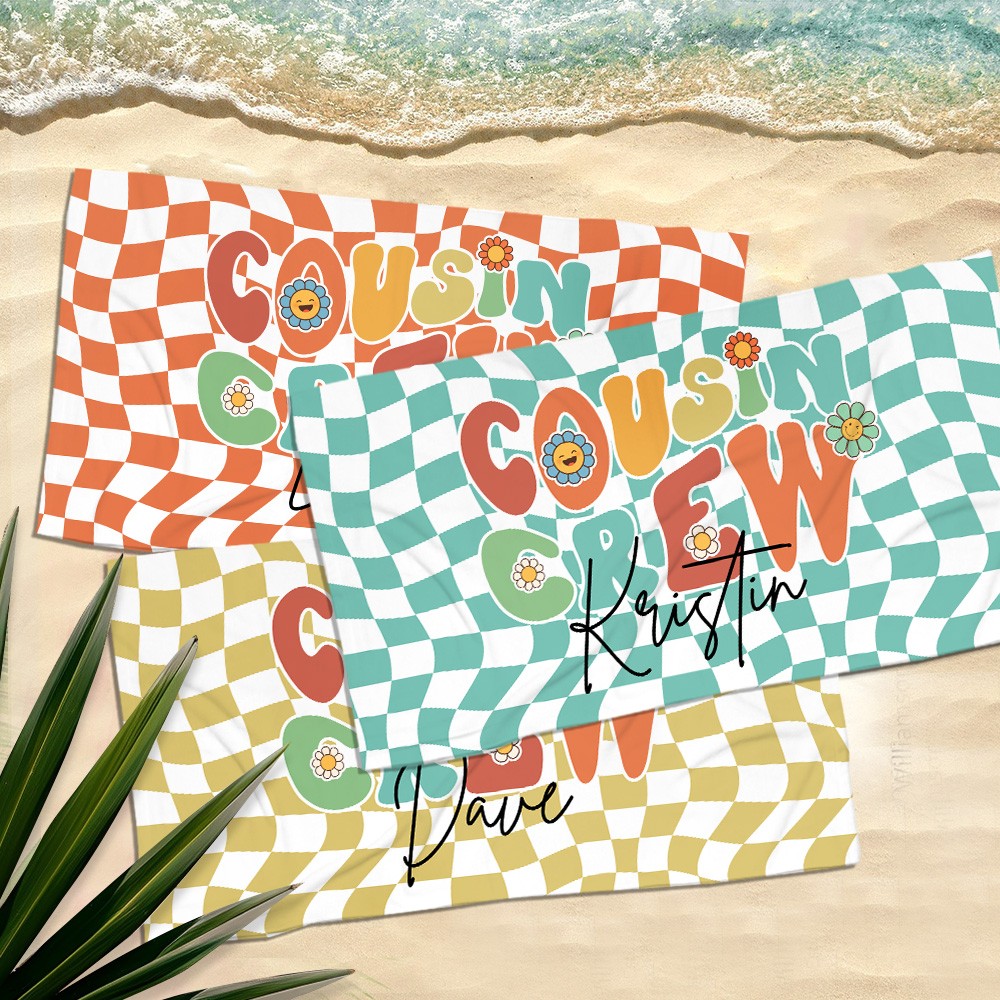 Personalized Name Cousin Crew Colorful Plaid Beach Towel, Perfect for Family Outings