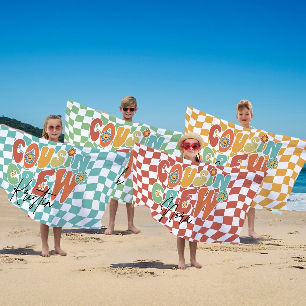 Personalized Name Cousin Crew Colorful Plaid Beach Towel, Perfect for Family Outings