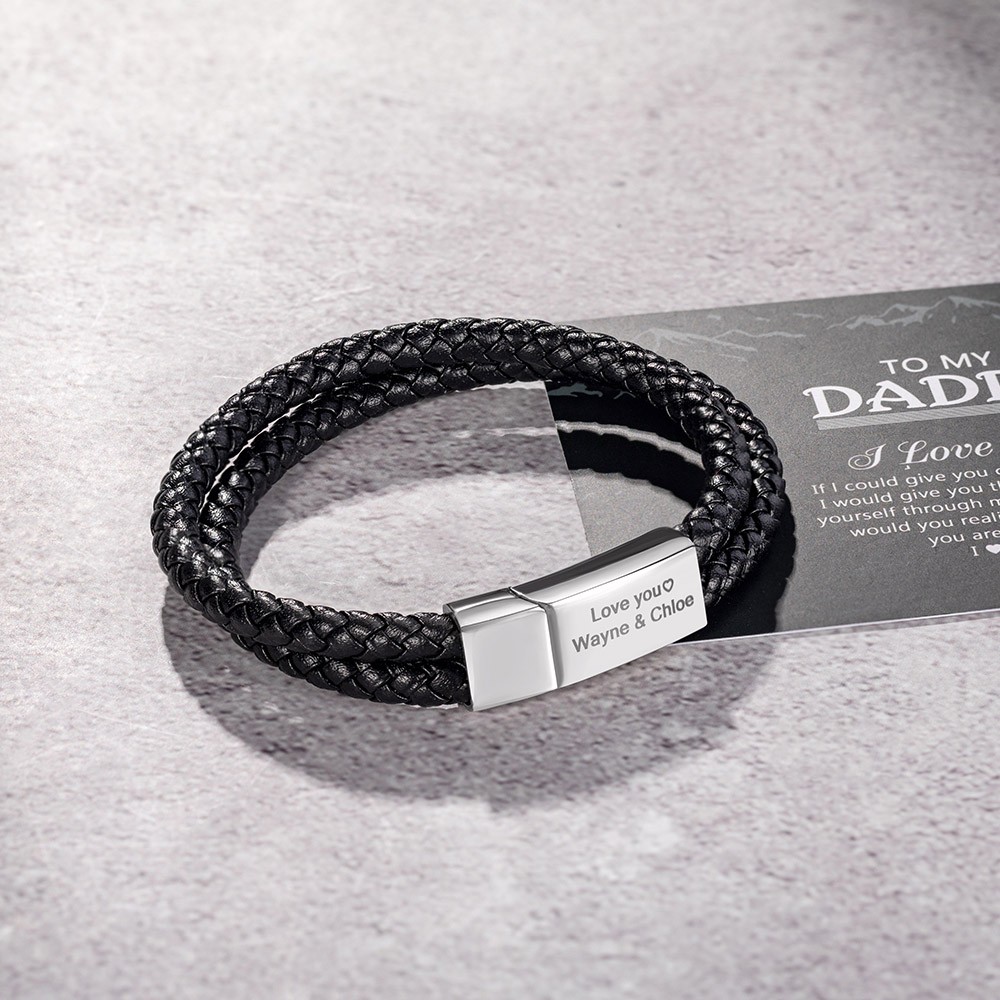 Bracciale con barra di corda intrecciata in pelle personalizzata con incisione, braccialetto con nome da uomo, regalo di compleanno/San Valentino/festa del papà per marito/lui/papà/amico