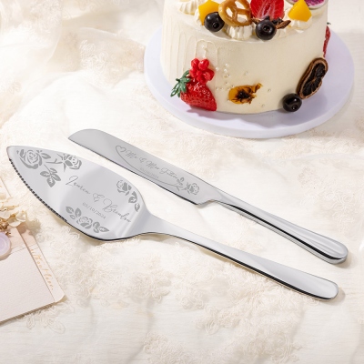 Personalisiertes Tortenausstecher-Set mit Blumenmuster, Tortenmesser und Server-Set mit Namen, Brautparty-Geschenk, Hochzeits-/Jubiläumsgeschenk für Brautpaare/Paare