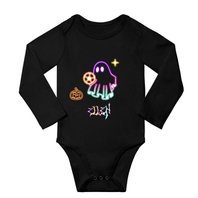 Personalized Name Neon Pumpkin Ghost Design Baby Romper, 100% Cotton Unisex Baby Onesie, Halloween Outfit, Halloween Gift for Newborn/Infants/Toddler