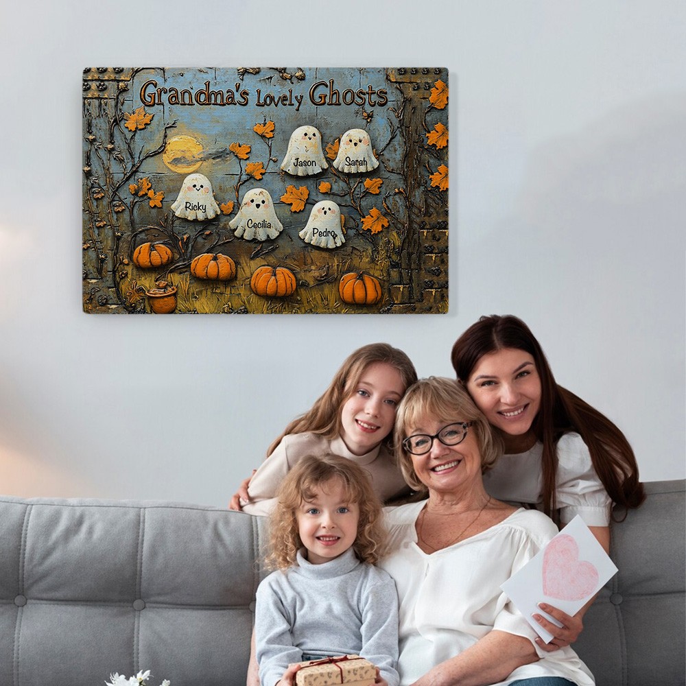 Personalized Title "Grandma's Lovely Ghosts" Halloween Horizontal Poster, Custom Family Names Ghost Decor for Spooky Season