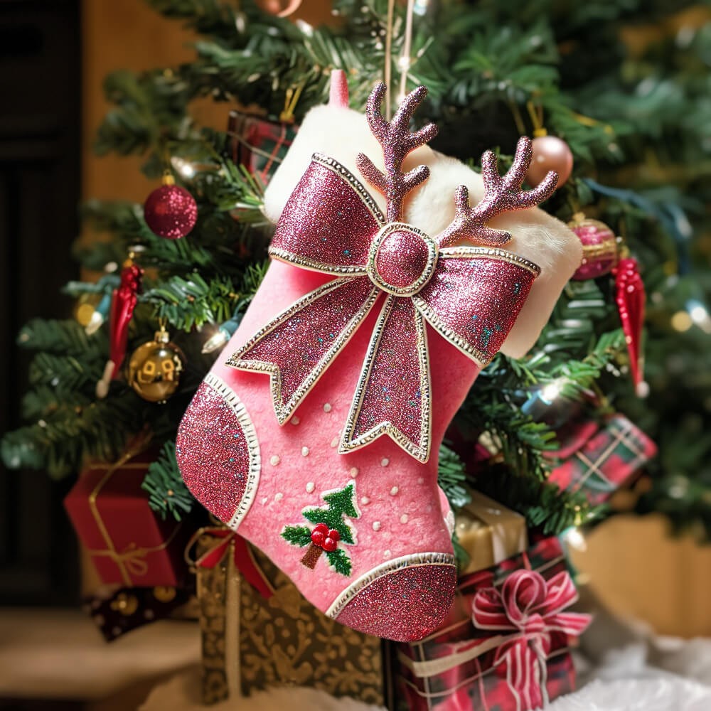 Pink Bow Reindeer Christmas Stocking, Perfect for Holiday Decorations