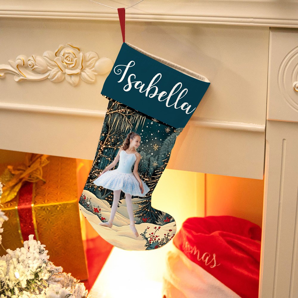 Personalized Ballet Girl Photo Christmas Stocking with Fairyland Background, Custom Name and Picture, Festival Fireplace Hanging Decoration, Christmas Gift for Girls