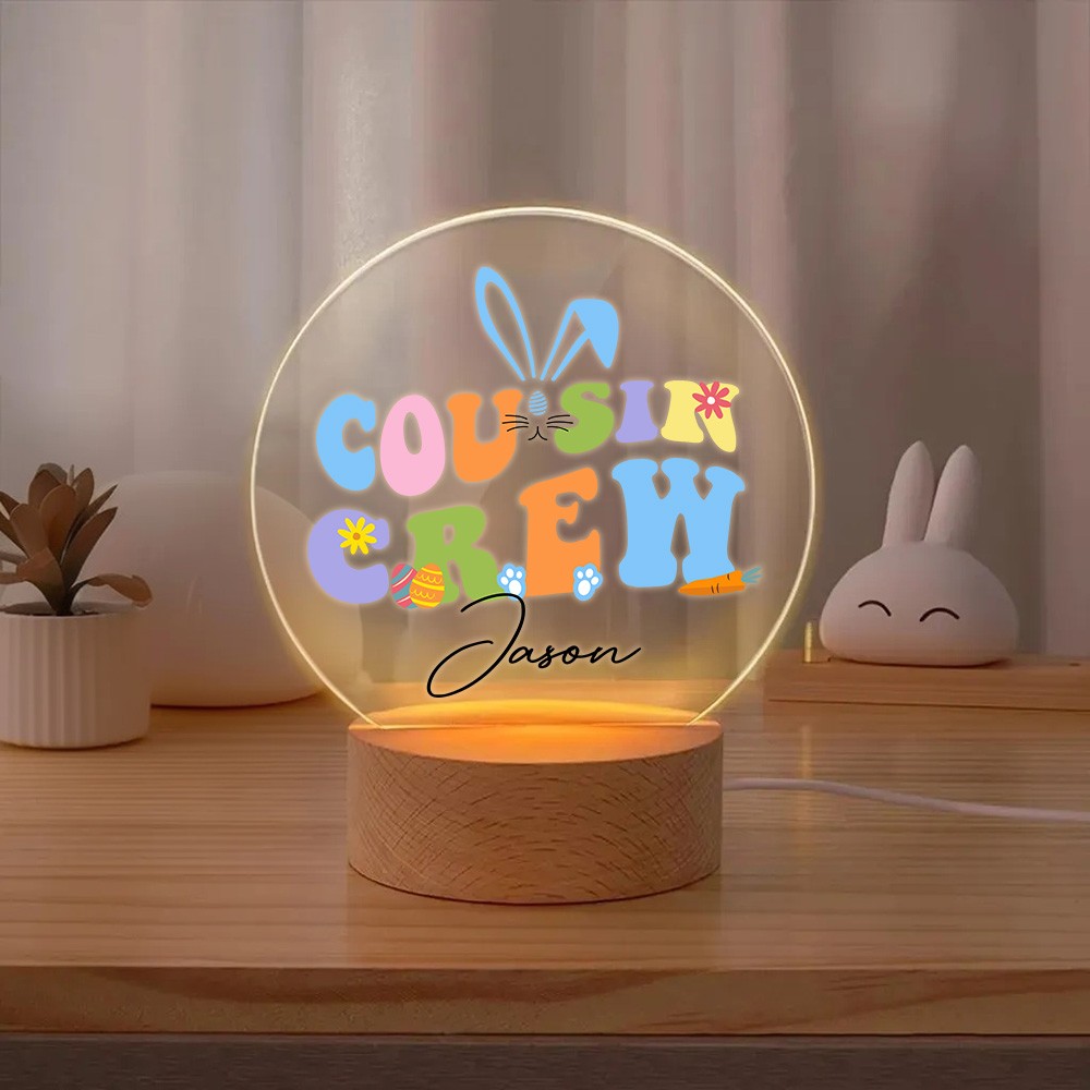 Customizable Easter Cousin Crew Night Light, Personalized LED Lamp with Names and Wooden Base