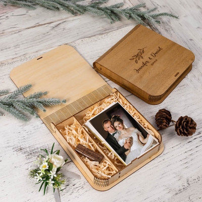 Custom Engraved Wedding Photo Box & USB Flash Drive 3.0, Wooden Box for 4x6 Pictures & Wedding Film Video USB Drive, Wedding Gift for Newlyweds/Couple