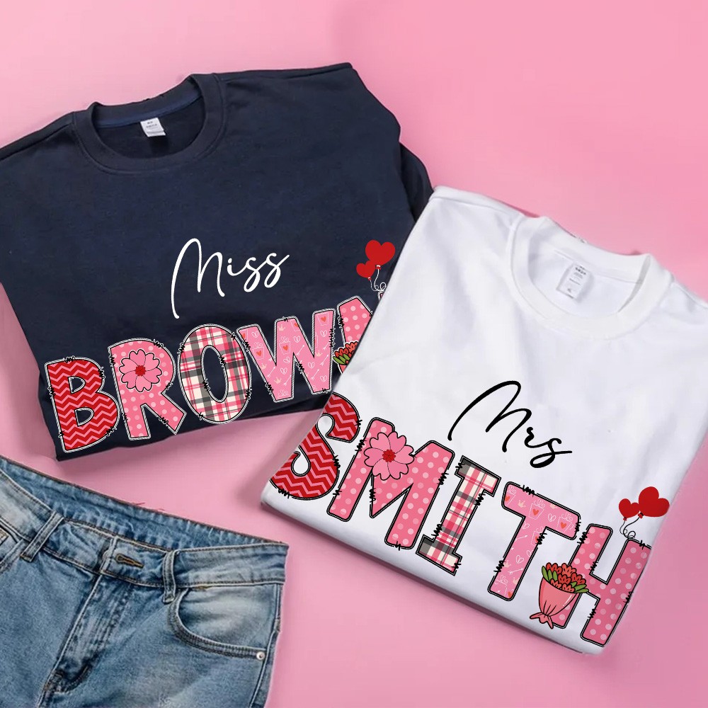 Customizable Name Teacher Valentine's Day T-Shirt and Sweatshirt, Personalized Love Heart Design Apparel for Educators, Cozy Gift for Teachers