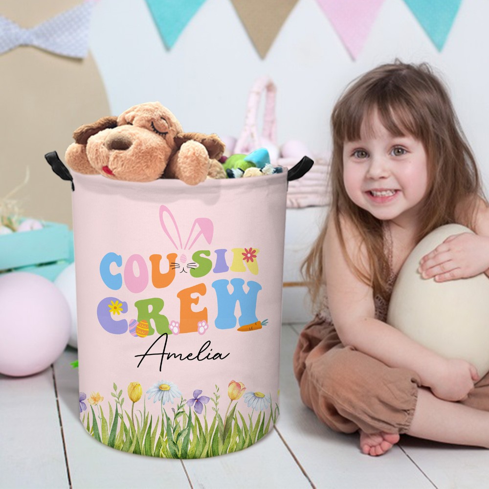 Personalized Cousin Crew Easter Laundry Basket Custom Name, Multicolor Durable Hamper for Clothes, Foldable Storage Bin for Family