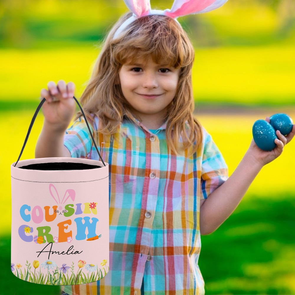 Personalized Cousin Crew Easter Basket Custom Name, Multicolor Handled Storage Basket for Easter Gifts, Family and Kids