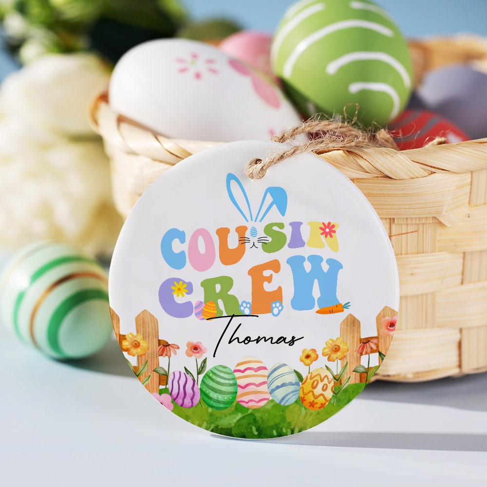 Personalized Cousin Crew Easter Ceramic Ornament Custom Name, Multicolor Easter Hanging Decoration for Family, Gift for Kids and Relatives