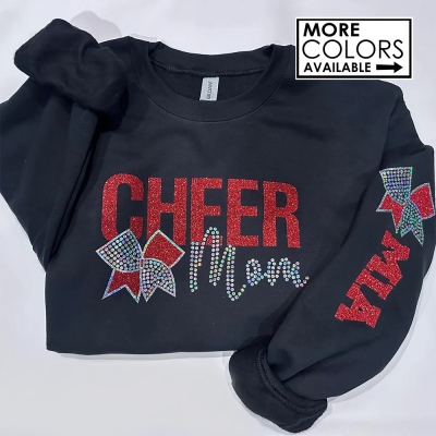 Personalized Cheer Mom Sweatshirt with Bling Faux Rhinestones, Custom Glitter Name Bow Crewneck Sweatshirt, Game Day/Appreciation Gift for Sports Mom