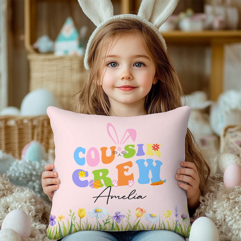 Personalized Cousin Crew Easter Pillow Custom Name, Soft Easter Throw Cushion for Family and Kids, Holiday Decor and Gift