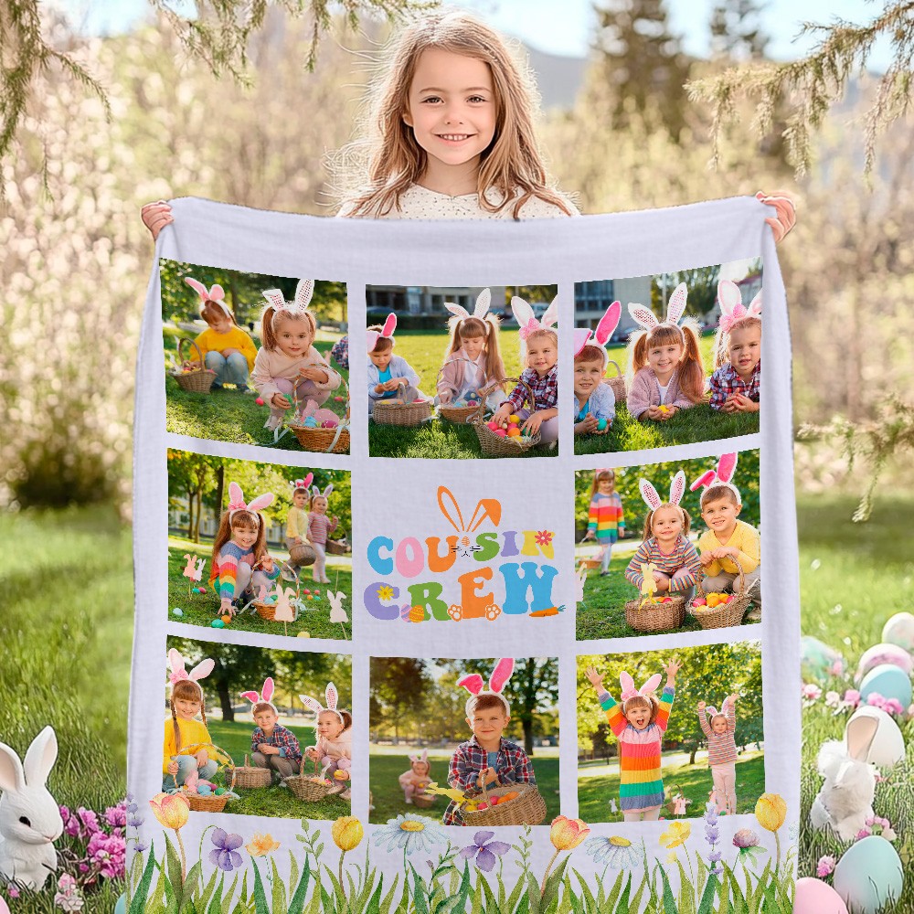 Personalized Easter Cousin Crew Photo Blanket, Soft and Cozy Easter Family Throw, Holiday Gift for Family and Kids