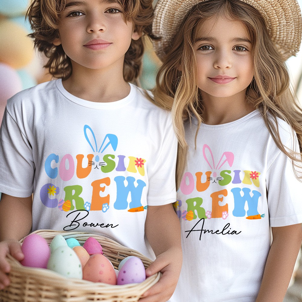 Personalized Cousin Crew Easter Kids T-Shirt Custom Name, Festive Shirt for Boys and Girls