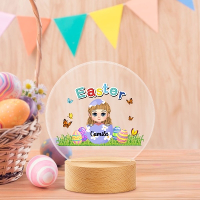 Personalized Easter Eggshell Cartoon Character Butterfly Night Light, Custom Name Acrylic Night Lamp with Wooden Base, Easter Gift for Newborns/Kids