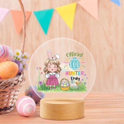 Personalized Cartoon Easter Egg Hunter in Rainbow Garden Night Light, Custom Name Night Lamp with Wooden Base, Easter Party Favor, Easter Gift for Kid