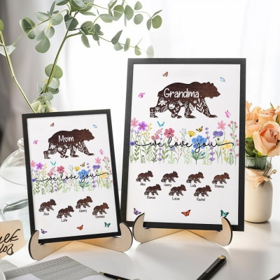 Custom Names Floral Bear Mama & Cubs Family Sign with Bracket, Wooden Sign Plaque, Home Decoration, Birthday/Mother's Day Gift for Mom/Grandma/Family