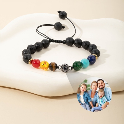 Personalized Colorful Beaded Bracelet with Photo Projection Charm, Healing Stones Jewelry, Birthday/Anniversary Gift for Family/Friends