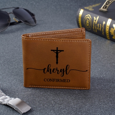 Personalized Cross Wallet with Name, Men's Christian Leather Wallet, Travel Card Holder, Birthday/Baptism/Father's Day Gift for Him/Dad/Grandpa