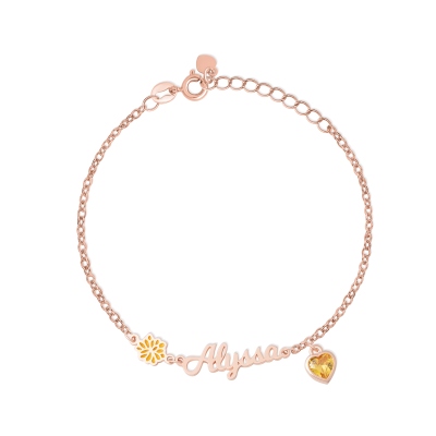 Personalized Birth Flower & Heart Birthstone Bracelet with Name, Sterling Silver 925 Adjustable Bracelet, Mother's Day/Birthday Gift for Her/Mom/Women