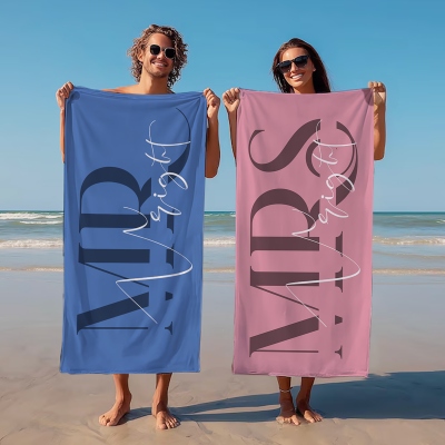 Custom Name Mr & Mrs Beach Towels (Set of 2), Quick Dry Microfiber Pool Towels, Vacation/Beach/Honeymoon Favors, Wedding/Anniversary Gifts for Couples