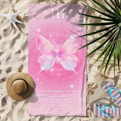 Angel Number Butterfly Beach Towel – Dreamy Pastel Design, Spiritual Summer Towel, Inspirational Gift for Women and Girls