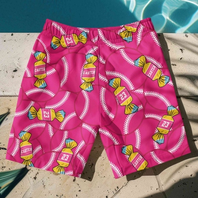 Candy Baseball Board Shorts – Colorful Sports Themed Swim Trunks for Men, Summer Beachwear Gift