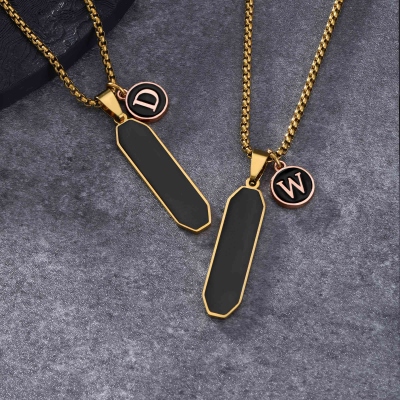 Personalized Men's Initial Pendant Necklace, Non-Tarnish Rectangle Black Drop Pendant, Anniversary/Valentine's Day Gift for Him/Boyfriend/Husband
