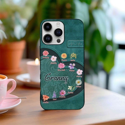 Personalized Names & Birth Flowers Phone Case, Multicolor TPU Heart Floral Phone Case for iPhone, Birthday/Mother's Day Gift for Her/Mom/Grandma