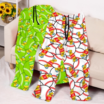 Personalized Candy Baseball Pajama Pants with Name & Number, Fun Sports Lounge Sleepwear, Soft Relax Fit, Gift for Baseball Fans/Sports Players