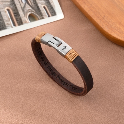Unisex Cross Leather Bracelet For Men Personalized Gift For Husband Anniversary Dad Engraved Religious Jewelry For Him Men Custom Bracelets