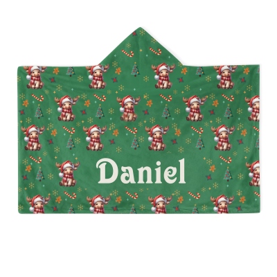 Personalized Christmas Cartoon Animals Soft Hooded Blanket with Name, Multicolor Christmas Hooded Blanket, Christmas Gift for Kids