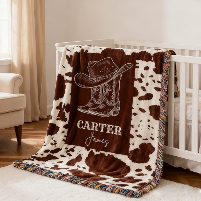 Personalized Name Cowboy Woven Baby Blanket, Western Cowboy Boys Blanket with Tassel, Heirloom Blanket, Birthday/Baby Shower Gift for Newborns/Boys