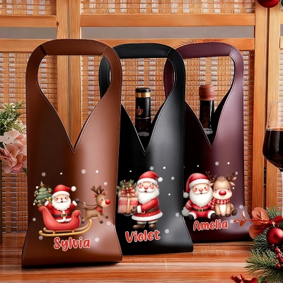 Personalized Cartoon Santa Claus Design Wine Tote with Name, PU Leather Wine Carrier Bag, Housewarming/Christmas Gift for Wine Lovers/Family/Friends