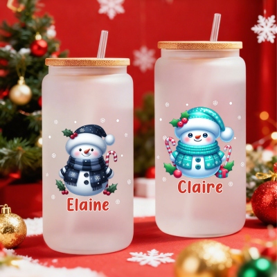 Custom Name Cartoon Snowman Design Frosted Glass Cup, 20oz Tumbler with Straw & Bamboo Lid, Holiday Party Favor, Christmas Gift for Kids/Family/Women